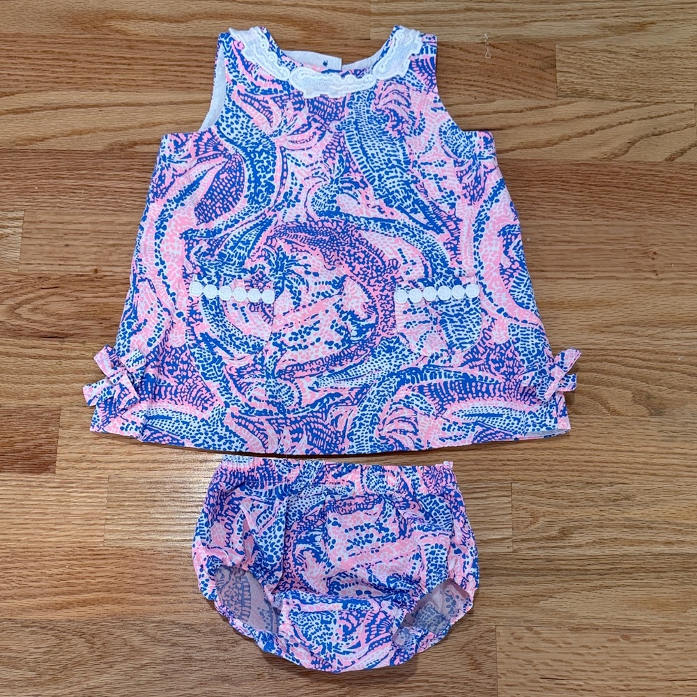 Lilly Pulitzer Pink and Blue Crocodile Baby Dress Set 🐊